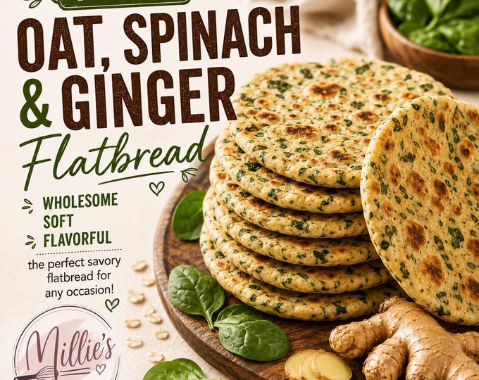 Vegan Spinach Oat Flatbread Recipe | No Eggs, Simple Vegetarian Bread | Healthy Homemade Recipe Card