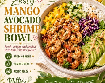 Zesty Mango Avocado Shrimp Bowl Recipe, Fresh Summer Meal (Digital Download)