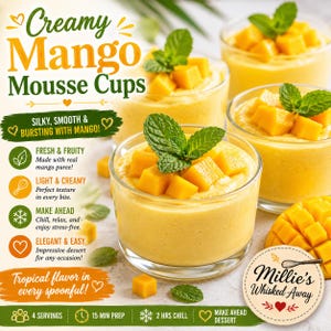 Op de afbeelding: Drie glazen gevuld met gele mangomousse, gegarneerd met verse mangoblokjes en groene muntblaadjes. De tekst op de afbeelding luidt: Creamy Mango Mousse Cups, Silky, Smooth & Bursting With Mango!, Fresh & Fruity, Light & Creamy, Make Ahead, Elegant & Easy, Tropical flavor in every spoonful!, Millie's Whisked Away, 4 Servings, 15 Min Prep, 2 Hrs Chill, Make Ahead Dessert.