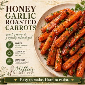 Könnte beinhalten: Ein Teller mit Honig-Knoblauch-Röstkarotten, glasiert und mit Kräutern bestreut. Das Bild enthält den Text "Honey Garlic Roasted Carrots" und "Easy to make. Hard to resist."