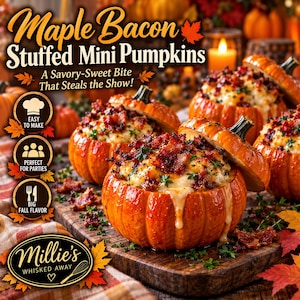 Op de afbeelding: Met esdoornspek gevulde minipompoenen met de tekst Maple Bacon Stuffed Mini Pumpkins A Savory-Sweet Bite That Steals the Show! met oranje pompoenen gevuld met gesmolten kaas en knapperige spekjes, gegarneerd met groene kruiden.