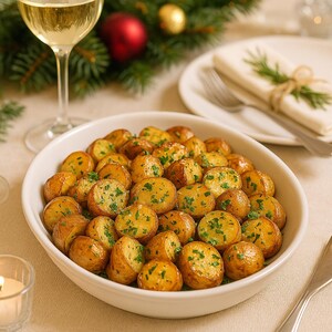 May include: A white bowl filled with roasted potatoes, garnished with chopped herbs. The potatoes are golden brown and appear crispy. A glass of white wine and festive decorations are in the background.