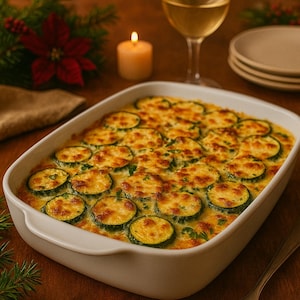 May include: A white rectangular baking dish filled with a baked zucchini casserole, topped with melted cheese. A lit candle, a glass of white wine, and plates are in the background. The dish is on a wooden surface.