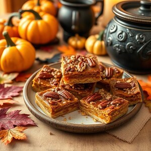Könnte beinhalten: Auf einem Teller liegen Pekannuss-Kuchenstücke, umgeben von Kürbissen und Herbstblättern. Die quadratischen Kuchenstücke haben einen goldbraunen Boden, eine Karamellfüllung und sind mit Pekannüssen belegt. Ein schwarzer Kessel und eine Kerze sind im Hintergrund.