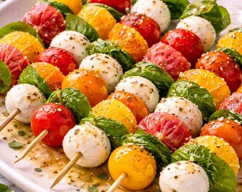 Citrus Rainbow Caprese Skewers | Colorful Appetizer Recipe PDF | Easy Summer Party Food