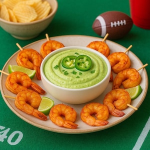 Può includere: Un piatto di antipasti con una ciotola centrale di salsa verde guarnita con fette di jalapeño. Gamberi cotti infilzati circondano la salsa, insieme a spicchi di lime. Sono presenti anche una ciotola di patatine e un giocattolo a forma di pallone da football americano.