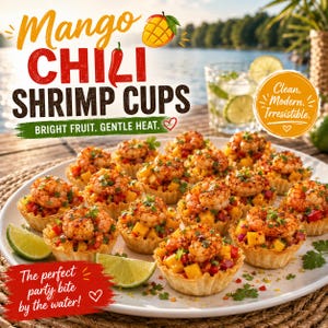 Può includere: Un piatto di Mango Chili Shrimp Cups, un antipasto per feste. Ogni coppetta ha un guscio croccante ripieno di mango, cipolla rossa e gamberi, guarnito con coriandolo. Il testo recita "Bright Fruit. Gentle Heat." e "The perfect party bite by the water!"
