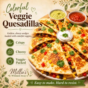 Puede incluir: Quesadillas vegetarianas coloridas, cortadas en gajos, con maíz, frijoles negros y pimientos rojos. La imagen incluye el texto "Colorful Veggie Quesadillas" y "Easy to make. Hard to resist."