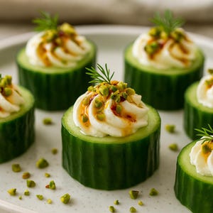Può includere: Fette di cetriolo con panna montata, salsa e pistacchi tritati. Le fette cilindriche di cetriolo sono disposte su un piatto bianco. Il piatto è guarnito con rametti di aneto, offrendo un antipasto fresco e invitante.