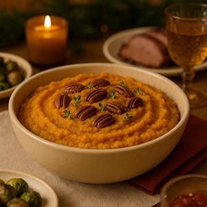 May include: A beige bowl filled with orange mashed sweet potatoes, garnished with pecans and sprigs of thyme. The bowl sits on a beige tablecloth, with a lit candle and other dishes in the background. A festive holiday meal.