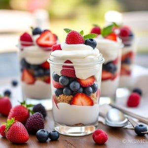 Puede incluir: Parfaits de postre en frascos de vidrio transparente, en capas con fresas, arándanos, frambuesas y crema batida. Las bayas frescas están esparcidas alrededor de los frascos sobre una superficie de madera. Hojas de menta adornan la parte superior de los parfaits.