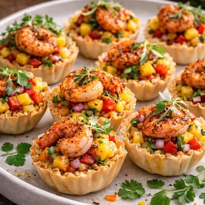 Può includere: Primo piano di diverse mini tartellette ripiene di un colorato mix di verdure a dadini e condite con gamberi grigliati. Guarniti con prezzemolo fresco, i gamberi sono conditi con spezie e si trovano su un letto di mango a dadini, peperoni rossi e cipolle.