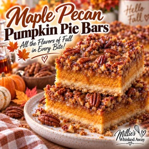 Op de afbeelding: Twee gestapelde vierkante dessertrepen met een lichte korst, een dikke oranje pompoenvulling en een knapperige bruine pecannotentopping. De tekst luidt Maple Pecan Pumpkin Pie Bars, All the Flavors of Fall in Every Bite! en Millie's Whisked Away.
