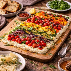 Puede incluir: Una tabla de servir rectangular de madera con una colorida disposición de comida. El plato presenta una base de queso blanco, cubierta con filas de tomates asados, calabacín, cebollas y pimientos. Adornado con hierbas y servido con pan y otros acompañamientos.
