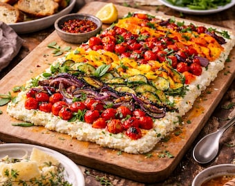 Receta de salsa arcoíris de ricotta con verduras asadas / Aperitivo colorido / Descarga en PDF imprimible