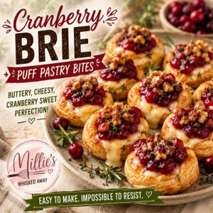 Könnte beinhalten: Nahaufnahme von Cranberry-Brie-Blätterteig-Häppchen. Die Backwaren sind mit Cranberry-Sauce und Nüssen belegt. Das Bild enthält Text, der lautet: "Cranberry Brie, Puff Pastry Bites, Buttery, Cheesy, Cranberry Sweet Perfection!" und "Easy to Make. Impossible to Resist."
