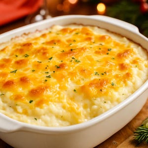 May include: A white rectangular baking dish filled with a creamy casserole. The top is golden brown and bubbly, with a melted cheese topping. The filling is light-colored, and the dish is garnished with green herbs. A savory, baked dish.