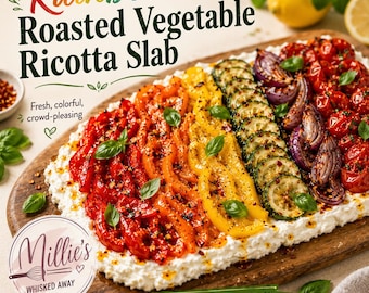 Receta de salsa arcoíris de ricotta con verduras asadas / Aperitivo colorido / Descarga en PDF imprimible