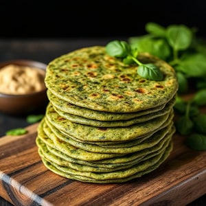 May include: A stack of vibrant green flatbreads, possibly spinach-infused, on a wooden cutting board. Fresh basil leaves garnish the top. A small bowl of dip sits in the background, suggesting a meal or appetizer. The flatbreads have a slightly textured surface.