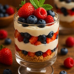 Puede incluir: Un postre en capas en un vaso transparente, con una base de migas, seguido de capas de fresas, arándanos y un relleno blanco cremoso. Adornado con fresas frescas, frambuesas, arándanos y hojas de menta. El postre está sobre una superficie de madera.