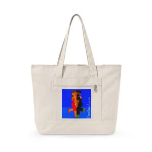 May include: Off-white canvas tote bag with a front pocket and zipper. The bag features a blue square with an illustration of two figures embracing. The illustration is signed "Bonhui 1.5.20".