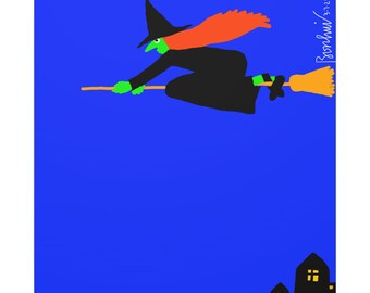 Halloween Witch Canvas, Colorful Flying Witch, Whimsical Fall Wall Decor