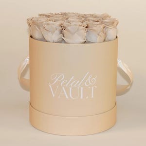 Beige Preserved Rose Arrangement: Modern Floral Hat Box Gift