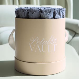 Blue Preserved Roses in Beige Hat Box: Long Lasting Floral Gift