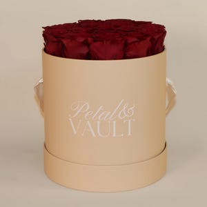 Red Preserved Rose Arrangement in Beige Hat Box: Forever Floral Gift