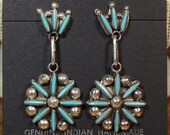 Zuni Turquoise long Dangle Earrings Sterling Silver Needle Point Branden Waatsa Native American jewelry