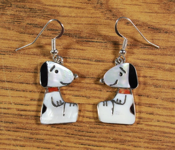 Snoopy EARRINGS inlay MOP Red Coral Zuni Artist Sh