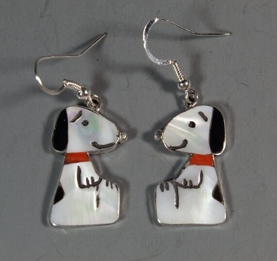 Snoopy EARRINGS inlay MOP Red Coral Zuni Artist Sh