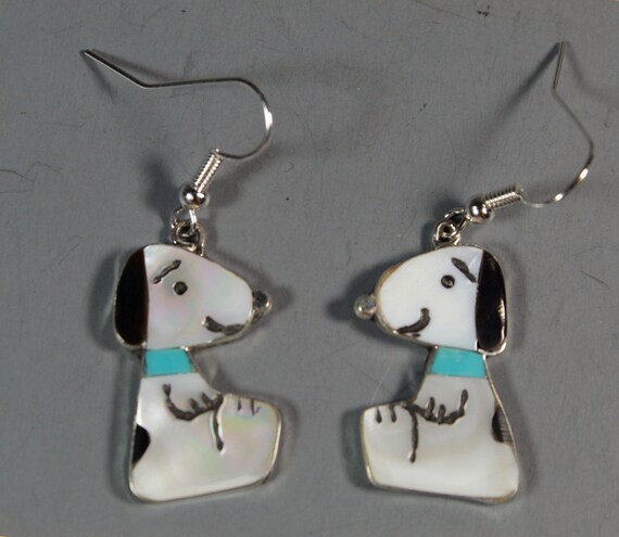 Snoopy EARRINGS inlay MOP Turquoise Zuni Artist Sh