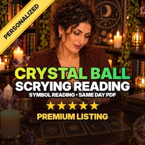 Può includere: Una grafica digitale con il testo PERSONALIZED, CRYSTAL BALL SCRYING READING, SYMBOL READING, SAME DAY PDF e PREMIUM LISTING con cinque stelle gialle. L'immagine mostra una persona con un top marrone dietro un tavolo con carte dei tarocchi.