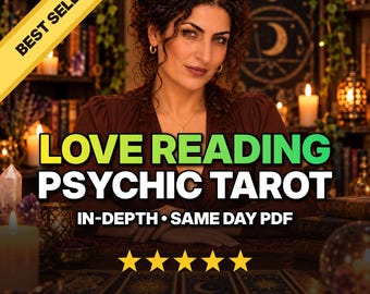 Könnte beinhalten: Eine Person mit dunklem, lockigem Haar sitzt an einem Tisch mit Tarotkarten, Kerzen und Kristallen. Der Text lautet: BEST SELLER, LOVE READING PSYCHIC TAROT, IN-DEPTH • SAME DAY PDF, sowie fünf gelbe Sterne. Der Raum ist dunkel beleuchtet.