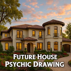 May include: An illustration of a large, two-story house with a circular tower, brown roof tiles, and multiple windows. The text "FUTURE HOUSE PSYCHIC DRAWING" is displayed at the bottom. The house is surrounded by greenery and a paved driveway.