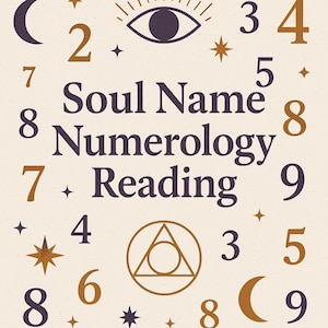 Puede incluir: Fondo beige con las palabras "Soul Name Numerology Reading" en morado oscuro. La imagen incluye números, estrellas, lunas y un símbolo de ojo en tonos marrón y dorado, creando un tema místico.