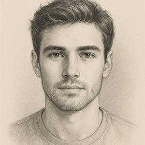 May include: Pencil drawing of a man's face with the text "FUTURE HUSBAND PSYCHIC DRAWING" at the top. The drawing is in shades of gray and depicts a man with short, dark hair and a beard. He is wearing a crew neck shirt.