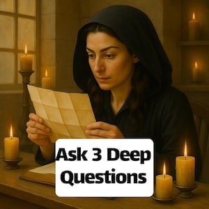 May include: A person in a black hooded robe reads a folded paper, illuminated by candlelight. The image has a warm, vintage aesthetic. Text on the image reads "Ask 3 Deep Questions". The scene evokes a sense of contemplation and mystery.