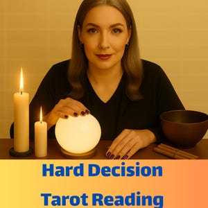 May include: A woman sits at a table with a lit candle, a glowing orb, and a wooden bowl. The text "Hard Decision Tarot Reading" is displayed in blue and white. The scene is lit with warm, inviting light.