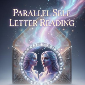 May include: A digital artwork with the text "PARALLEL SELF LETTER READING" above a decorative envelope. Inside, a circular frame displays two figures. The background is filled with swirling colours and stars, creating a mystical atmosphere.