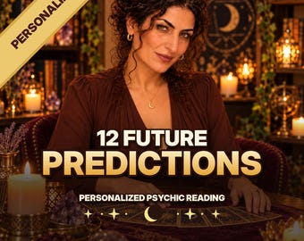 Könnte beinhalten: Ein personalisierter hellseherischer Lesedienst mit dem Text 12 FUTURE PREDICTIONS und PERSONALIZED PSYCHIC READING. Das Bild zeigt eine Person in einem dunkelbraunen Oberteil, die an einem Tisch mit Kerzen, Kristallen und Tarotkarten sitzt.