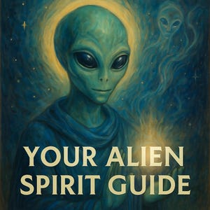 May include: An artistic depiction of an alien with a serene expression, radiating light. The alien is teal-colored with large, dark eyes, set against a backdrop of swirling blues and golds. The text "YOUR ALIEN SPIRIT GUIDE" is prominently displayed.