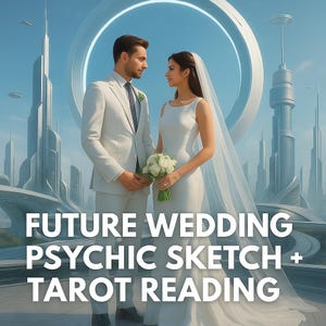 May include: A digitally created image of a couple in wedding attire, set against a futuristic cityscape. The text "FUTURE WEDDING PSYCHIC SKETCH + TAROT READING" is displayed at the bottom. The bride holds a bouquet, and the groom wears a suit.