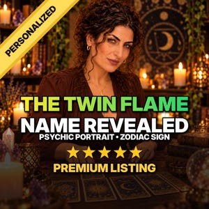 May include: A digital graphic featuring a person with dark curly hair in a dark brown top, with text reading THE TWIN FLAME NAME REVEALED PSYCHIC PORTRAIT ZODIAC SIGN, a five-star rating, and the words PERSONALIZED and PREMIUM LISTING.
