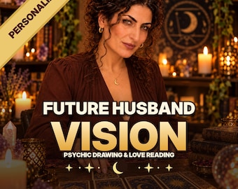 May include: A person with dark curly hair wearing a brown top and a crescent moon necklace sits behind a table with tarot cards. The text reads PERSONALIZED FUTURE HUSBAND VISION PSYCHIC DRAWING & LOVE READING with moon and star icons.