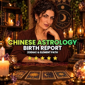 Puede incluir: Un gráfico digital con el texto CHINESE ASTROLOGY BIRTH REPORT ZODIAC & ELEMENT PATH y cinco estrellas amarillas. El fondo muestra a una persona con camisa marrón detrás de una mesa de madera con velas, cristales y cuatro cartas del tarot.