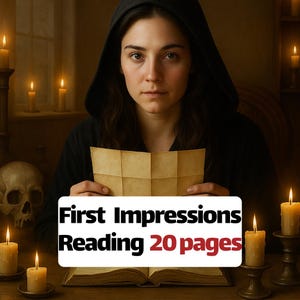 Könnte beinhalten: Eine Person in einem schwarzen Kapuzenkleid hält ein Pergament. Das Bild zeigt brennende Kerzen, einen Schädel und ein offenes Buch. Der Text auf einem weißen Rechteck lautet "First Impressions Reading 20 pages."
