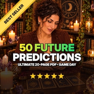 May include: A digital product listing featuring the text 50 FUTURE PREDICTIONS ULTIMATE 20-PAGE PDF SAME DAY with a five-star rating graphic. The image displays a person in a dark brown top sitting at a table with four tarot cards laid out.