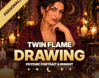 May include: A person with dark curly hair wearing a maroon top and a gold crescent moon necklace. The image features the text "PERSONALIZED", "TWIN FLAME DRAWING", and "PSYCHIC PORTRAIT & INSIGHT" with three tarot cards laid out on a wooden table.